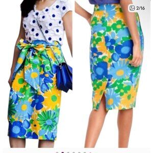 J.Crew Pencil Midi Floral Skirt Size‎ 8 Seersucker Bow Tie Retro Boho Preppy